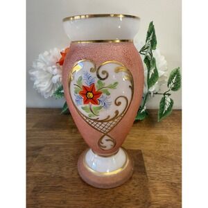 Vintage‎ Hand-Painted Pink Textured Art Glass Vase Floral Gold Accents MCM Decor